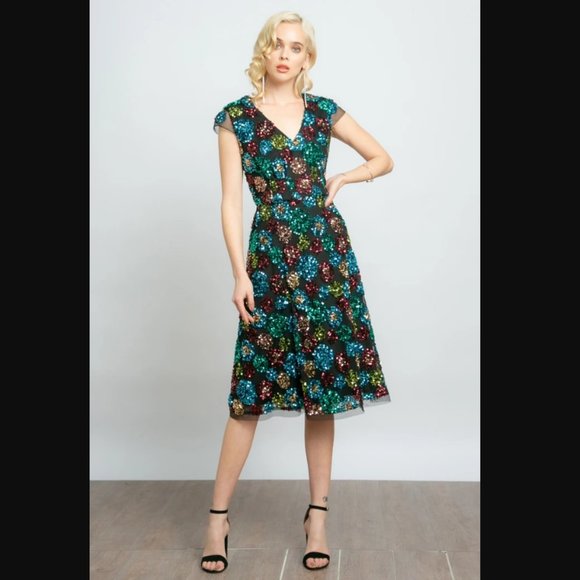 Eva Franco Anthropologie Glenna Sequined Midi Dress Rainbow - Picture 2 of 4